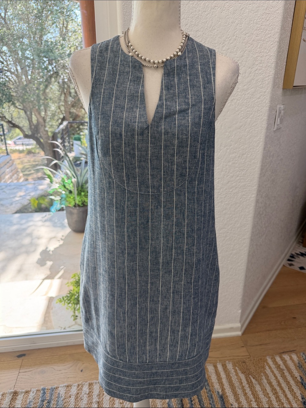 Daniel Cremieux Navy Blue Pinstripe Sleeveless Shift Dress XS With Side Pockets